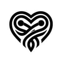 Stylized black and white heartshaped emblem with interwoven lines, creating a dynamic and abstract visual composition. vector