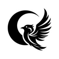 A bold black stylized bird with outstretched wings, gracefully positioned inside and embracing a crescent moon shape, creating a modern, elegant . vector