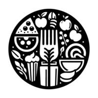 Monochrome Circular Illustration of Healthy Food Icons, featuring Apples, a Fork, Cheese, Cupcake, and various other culinary elements. vector
