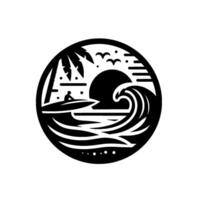 A circular black and white illustration depicting a surfer riding a wave at sunset, framed by palm tree branches. vector