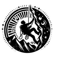 Silhouette of a rock climber ascending a mountain with starry night background, contained within a circular decorative frame. vector