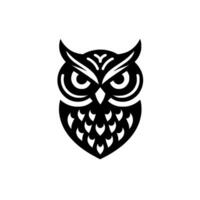 Bold, Black and White Owl Illustration Against a Clean White Backdrop, Featuring Geometric Feather Details and Intense Eyes. vector