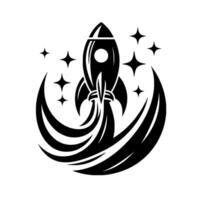 A Stylized Black and White Illustration of a Rocket Ship Taking Off, Surrounded by Stars, on a White Background. vector