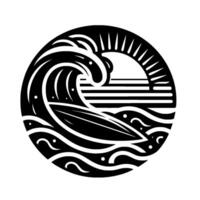 A stylized black and white circular featuring a surfer riding a wave with a sun and ocean scene. vector