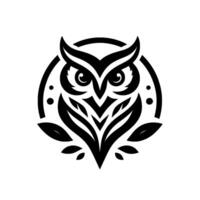 Stylized Black White Owl Within a Circle, Featuring Detailed Feather Patterns and Leaf Accents, on a White Background. vector