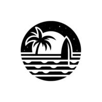 A minimalist black and white circular illustration featuring a palm tree, surfboard and ocean waves under a starry night sky. vector