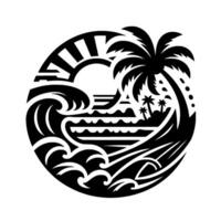 A stylized black and white island scene within a circle, featuring a palm tree, waves, sunset, and beach. vector