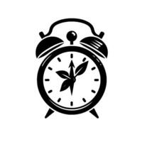 A minimalist black and white illustration of an alarm clock with leafy hands, symbolizing times connection to nature. vector