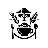 Stylized Black and White Bowl of Food, Wheat, Tree, Fork and Spoon. vector