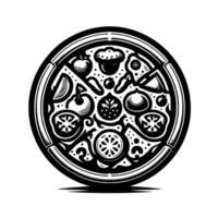 Stylized, Monochromatic Pizza A Round Plate with a Vegetarian Pizza Showing Various Ingredients in a Decorative, Illustration. vector