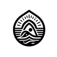 Abstract monochrome emblem featuring stylized waves, sun, and mountain within a teardrop shape, evoking a sense of harmony. vector