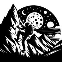 Silhouette of a lone climber scaling a jagged mountain under a starspeckled night sky with crescent moon. Adventure and resilience. vector