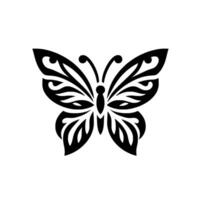 Symmetrical Black Butterfly Silhouette with Ornate Wing Patterns on a White Background, Flat Illustration. vector