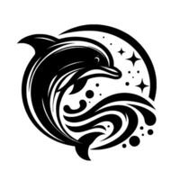 Stylized Black and White Dolphin Leaping, Encircled by Waves and Stars, in a Minimalist . vector