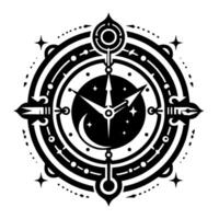 Intricate black and white celestial clock featuring a starry night sky dial, with elaborate circular patterns and ornamental arrowlike details. vector