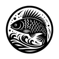 A stylized, minimalist black and white fish illustration within a circular frame, featuring detailed scales, fins, and water elements. vector