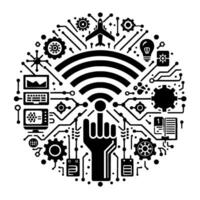 A stylized black and white circular infographic showcasing global connectivity, featuring a central WiFi symbol, a hand gesture, and integrated technological icons. vector