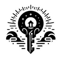Symbolic Black and White Illustration of a Key with a House Inside a Celestial Sphere, Surrounded by Clouds and Stars vector