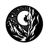 Silhouette of a mountain climber ascending a rugged cliff face inside a stylized, circular composition with moon and starry night effects. vector