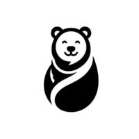Smiling, stylized black and white bear , featuring a minimalist and cheerful expression, embraced by flowing abstract lines. vector