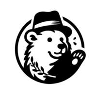 Black and White Illustration of a Friendly Bear Wearing a Hat, Holding a Branch, Within a Circular Frame. vector