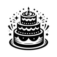 Whimsical Monochrome Celebration A ThreeTiered Birthday Cake with Candle, Sparkles, and Starbursts, Set on a Plate. vector
