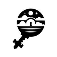 Black and White Key Sky, Sea, Bridge, and Keyhole Composition Under Celestial Nightscape with Moon and Stars. vector