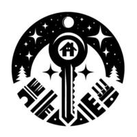 Black and White Emblem House Key with Night Sky, Trees, and Geometric Border, Symbolizing Home and Serenity. vector