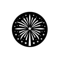 A illustration of a black circular firework burst with white radiating lines and stars, centered on a white backdrop. vector