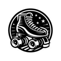 Retro Black and White Roller Skate in a Circular Emblem, Adorned with Stars, Representing Classic Fun and Movement. vector