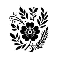A symmetrical black and white floral arrangement featuring a central flower with heartshaped petals, surrounded by various leaf and stem patterns on a white backdrop. vector