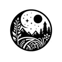 YinYang Composition Nightscape of mountains, moon, stars, flora, fauna, and forest rendered in black and white, within a circle. vector