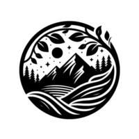 Intricate Black and White Circular Landscape Featuring Mountains, Trees, Fields, Foliage, Sun, and Stars. vector