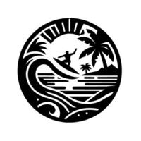 Stylized black and white circular illustration of a surfer riding a wave at sunset near palm trees and a small island. vector