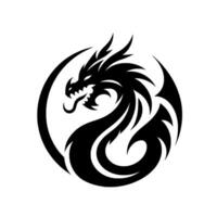 Stylized Black Dragon in a Circular Embrace, Featuring Sharp Details, Intricate Designs, and a Tribal Aesthetic on White. vector