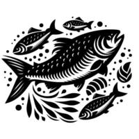 Stylized Black and White Fish Composition Group of Aquatic Creatures with Decorative Bubbles and Floral Elements, creating a dynamic, flowing . vector