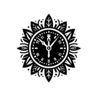 A symmetrical, monochromatic floral clock featuring a round clock face, Roman numerals, and elegant leaflike embellishments. vector