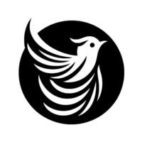 Sleek, stylized black and white avian , rendered with bold, lines, inside a circular frame, suggesting flight and freedom. vector