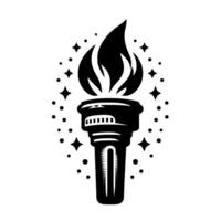 Black and white stylized illustration of a torch with stylized flame, surrounded by stars and dots, conveying light. vector