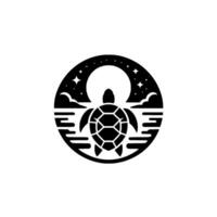 A minimalist black and white featuring a sea turtle silhouetted against a full moon surrounded by stars, clouds, and ocean waves. vector