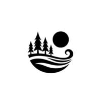 Minimalist monochrome nature emblem stylized fir trees atop wavelike hills beneath a black sun, creating a harmonious . vector