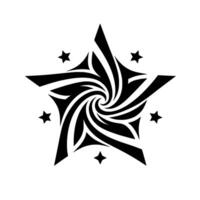 Bold, symmetrical, and modern black and white illustration of a stylized star with a swirling central and surrounding smaller stars. vector