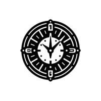 Minimalist Black White Clock with Stylized Hour Markers, Numbered Quadrants, and StarShaped Hands on a Clean White Background. vector