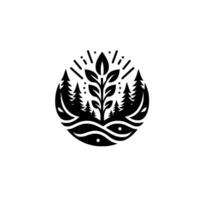 Minimalist black and white emblem Nature scene in a circle, featuring stylized trees, plant, and water elements with light burst. vector