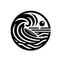 Abstract Black and White Circular Surfing Theme with Wave, Sun, and Surfboard in a Minimalist Style. vector