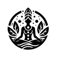 Serene Black and White Yoga Illustration A Meditating Figure Embraced by Leaves and Bubbles within a Circular , Representing Peace. vector