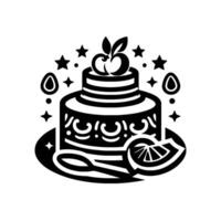 Elegant Black and White Illustration of a Tiered Cake with Fruit Topping, Served with a Lemon Wedge, Spoon, and Star Decorations. vector