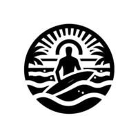 Black and White Circular Emblem of a Surfer on Surfboard with Palm Trees and Sun, Ocean View. vector