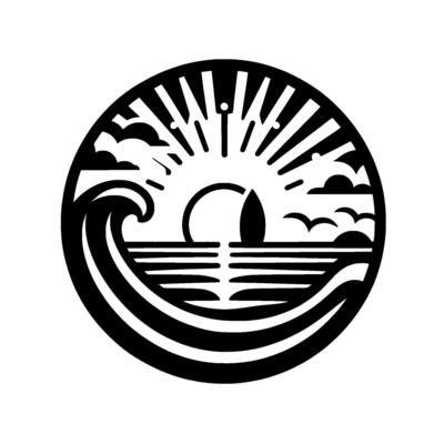 A minimalist black and white circular showcasing a rising sun, ocean waves, sailboat, clouds, and flying birds, symbolizing a coastal sunrise.