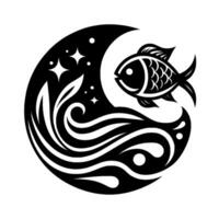 A Stylized, Black and White YinYang Composition Features a Fish, Moon Crescent, Waves, and Starry Night Motif. vector